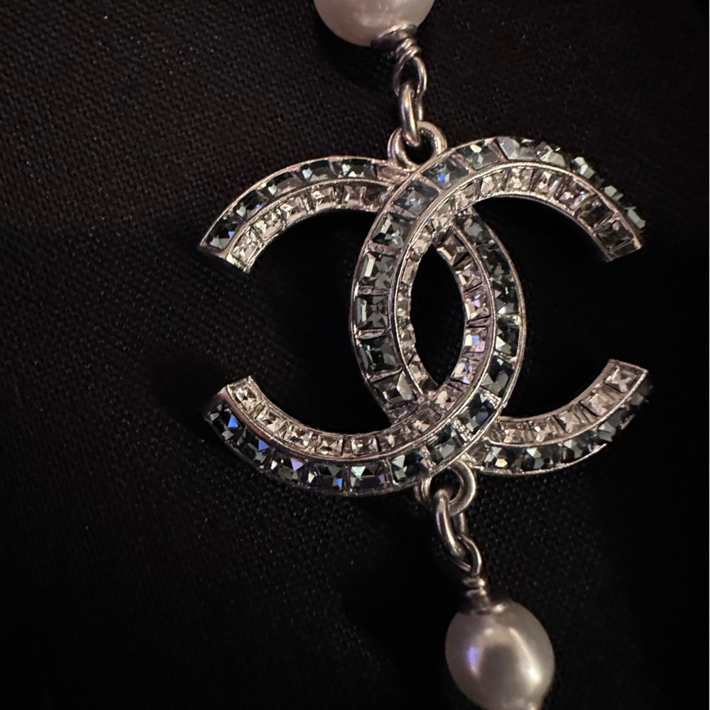 CHANEL long pearl necklace w blue crystals rhinestone classic princess sapphire - Picture 2 of 11
